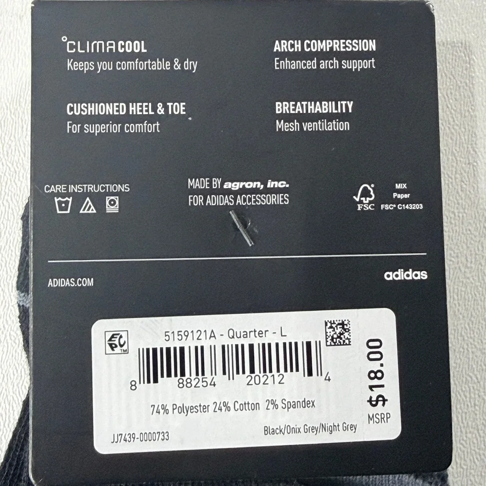 Adidas Mens Climacool All Day Training Quarter Socks 3 Pair Pack Black Grey L